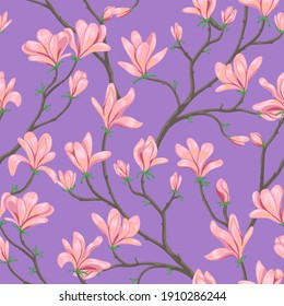 Blooming magnolia branches seamless pattern. Hand drawn vector illustration. Spring season botanical background. Colored vintage ornament. Design for fabric, textile, wallpaper, print, decor, wrap.