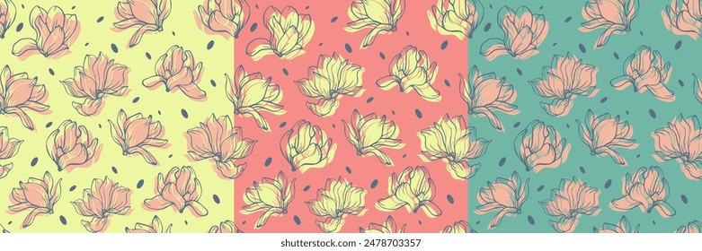 Blooming magnolia flower colorful pattern. Seamless 2d vector cartoon elements collection. Blooming background