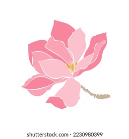 Blooming magnolia with pastel pink petals, no outline, hand sketch. For print, stickers, cards, invitations, patterns. Vector illustration