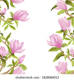 Magnolia floreciente patrón sin fisuras. Ramas de magnolia floreciente en un patrón sobre un fondo blanco.