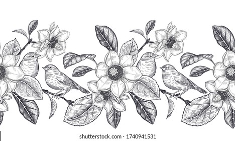 Blooming magnolia tree and little cute birds. Flowers, leaves and branches. Black and white border. Floral seamless pattern. Vector illustration. Vintage background for paper, wallpaper, textile.