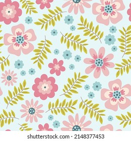 Blooming meadow  background. Trendy floral design. Vector seamless spring floral pattern with pink flowers.