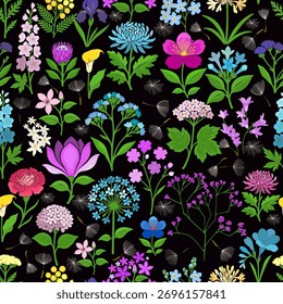 Blooming Meadow Boho oscuro patrón sin fisuras. Impresión sucia. Fondo de Antiguas de flores silvestres. Simple Diferentes Pequeñas Flores. Diseño Floral Del Estilo De La Libertad De Millefleurs Para La Tela, El Papel, El Diseño Superficial.