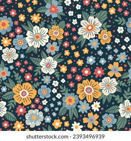 Blooming Meadow Boho Seamless Pattern. Ditsy Print. Wildflowers Vintage Background. Simple Different Small Flowers. Millefleurs Liberty Style Floral Design For Fabric, Paper, Surface Design