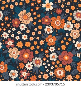 Blooming Meadow Boho Seamless Pattern. Ditsy Print. Wildflowers Vintage Background. Simple Different Small Flowers. Millefleurs Liberty Style Floral Design For Fabric, Paper, Surface Design