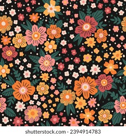 Blooming Meadow Boho Seamless Pattern. Ditsy Print. Wildflowers Vintage Background. Simple Different Small Flowers. Millefleurs Liberty Style Floral Design For Fabric, Paper, Surface Design