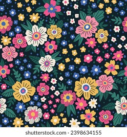 Blooming Meadow Boho Seamless Pattern. Ditsy Print. Wildflowers Vintage Background. Simple Different Small Flowers. Millefleurs Liberty Style Floral Design For Fabric, Paper, Surface Design