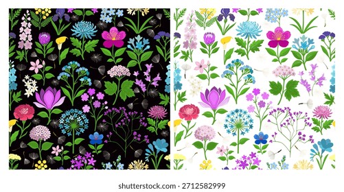 Prado florescente Boho Padrão sem emenda fundo escuro e claro. Mão desenhada. Não é IA, ilustração vetorial