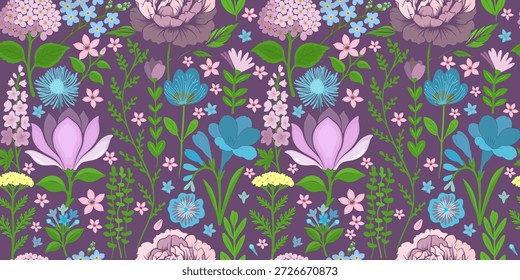 Flooming Meadow Boho Padrão Sem Costura. Mão desenhada. Não é IA, ilustração vetorial