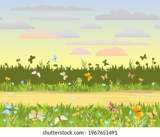 Blooming meadow close up. Road. Seamless. Dense grass, chamomile and butterflies. Isolated on white background. Seamless background illustration. Summer landscape with wildflowers. Vector