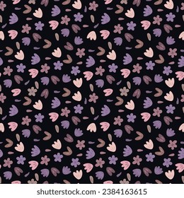 Blooming meadow flowers and butterflies seamless pattern on black background vector illustration