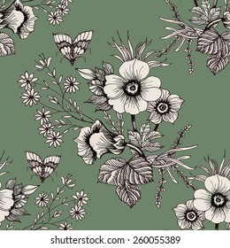 Blooming meadow flowers and butterflies seamless pattern on green background vector illustration