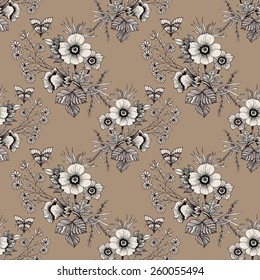 Blooming meadow flowers and butterflies seamless pattern on brown background vector illustration