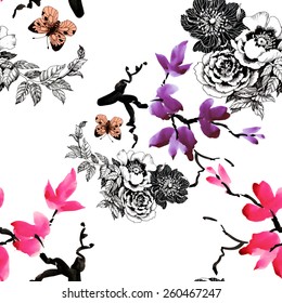 Blooming meadow flowers with magnolia twig and butterflies watercolor seamless pattern on white background vector illustration