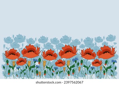 Blooming meadow flowers poppies and cornflowers with buds on a light blue background. Rectangular vector floral background with place for text for banners and wallpapers