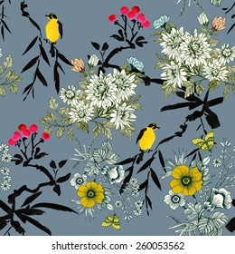 Blooming meadow flowers with rowan, birds and butterflies seamless pattern on gray background vector illustration