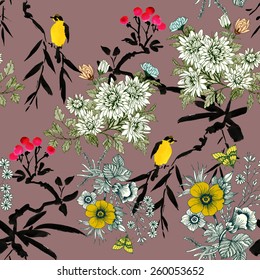 Blooming meadow flowers with rowan, birds and butterflies seamless pattern on brown background vector illustration