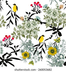 Blooming meadow flowers with rowan, birds and butterflies seamless pattern on white background vector illustration