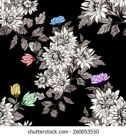 Blooming meadow flowers seamless pattern on black background vector illustration