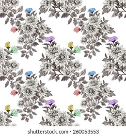 Blooming meadow flowers seamless pattern on white background vector illustration