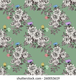 Blooming meadow flowers seamless pattern on green background vector illustration