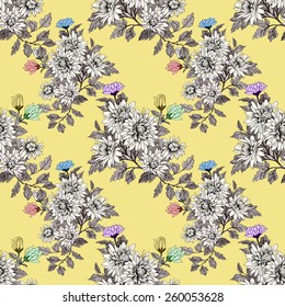 Blooming meadow flowers seamless pattern on yellow background vector illustration