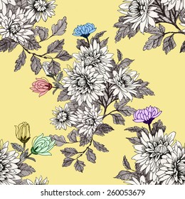 Blooming meadow flowers seamless pattern on yellow background vector illustration