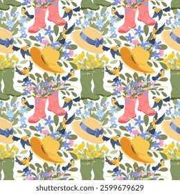 Blooming meadow, flying birds, straw hats, wildflowers, rubber boots vector seamless pattern. Hand drawn illustration for gift wrapping, textiles, wallpapers, packaging, posters