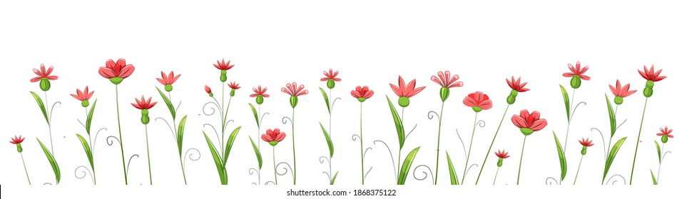 Blooming meadow with grass and flowers. Cartoon just style. Isolated on white background. Romantic fabulous illustration. Vector