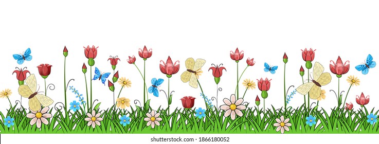 Blooming meadow with grass and flowers. Scenery. Cartoon style. Romantic fabulous illustration. Isolated on white background. Beautiful natural view. Wild plant nature. Rural scene. Vector