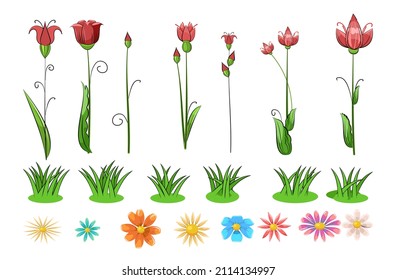 Blühende Wiese mit Gras und Blumen. Set von Objekten. Cartoon-Stil. Romantische fabelhafte Illustration. Einzeln auf weißem Hintergrund. Schöne Aussicht auf die Natur. Wildpflanzennatur. Vektorgrafik.