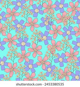 Blühende Wiese im Hochsommer nahtlose Muster. Blumenhintergrund für Mode, Bildschirmhintergrund, Druck. Es gibt viele verschiedene Farben auf dem Feld. Modisches Blumendesign. Vektorillustration.