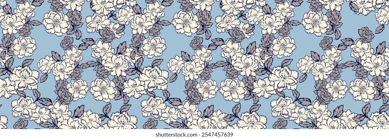  Patrón de prado floreciente sobre un fondo azul. Dibujo a mano de Vector. Abstractas florales artísticas. Flores silvestres estilizadas con estampado de hojas sin costuras. Adorno para diseños, tela, moda