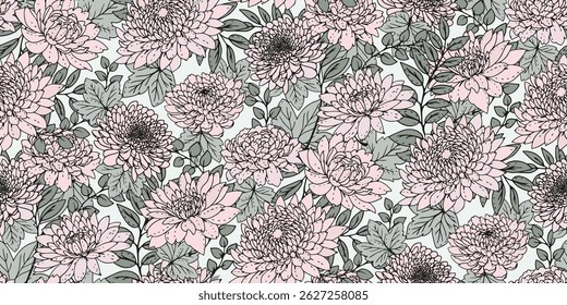 Blooming meadow seamless floral pattern. Abstract artistic  flowers and leaf print on a light background. Vector drawn botanical illustration. Nature ornament for designs, fabric, textiles, fashion