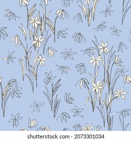 Blooming meadow seamless pattern. Hand drawn flowers with leaves and stems, vector illustration. Fabric design, stationery, wallpaper
