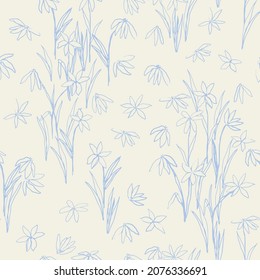 Blooming meadow seamless pattern. Hand drawn flowers with leaves and stems, vector illustration. Fabric design, stationery, wallpaper