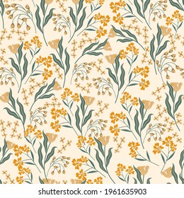 Blooming meadow seamless pattern. Spring summer collection. Trendy color for fashion. wallpapers, and print. A lot of flowers.  Ditsy style. 