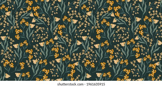 El prado floreciente es un patrón impecable. Colección de verano de primavera. Color de moda. papeles pintados e impresos. Muchas flores.  Estilo marrón. 