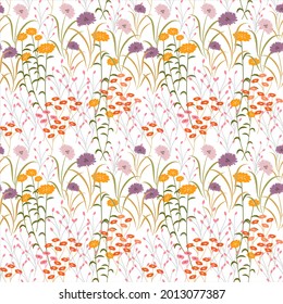 Blooming meadow seamless pattern. Spring summer collection. Trendy color for fashion. wallpapers, and print. A lot of flowers.  Ditsy style. Pressed flowers. Trendy floral design