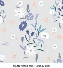 Blooming meadow seamless pattern. Spring summer collection. Trendy color for fashion. wallpapers, and print. A lot of flowers.  Ditsy style. Trendy floral design