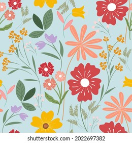 Blooming meadow seamless pattern. Spring summer collection. Trendy color for fashion. wallpapers, and print. A lot of flowers.