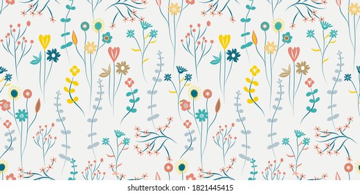 Blooming meadow seamless pattern. Trendy color for fashion. wallpapers, and print. A lot of flowers.  Ditsy style. Pressed flowers. Trendy floral design