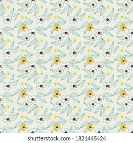 Blooming meadow seamless pattern. Trendy color for fashion. wallpapers, and print. A lot of flowers.  Ditsy style. Pressed flowers. Trendy floral design