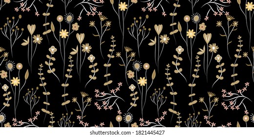 Blooming meadow seamless pattern. Trendy color for fashion. wallpapers, and print. A lot of flowers.  Ditsy style. Pressed flowers. Trendy floral design
