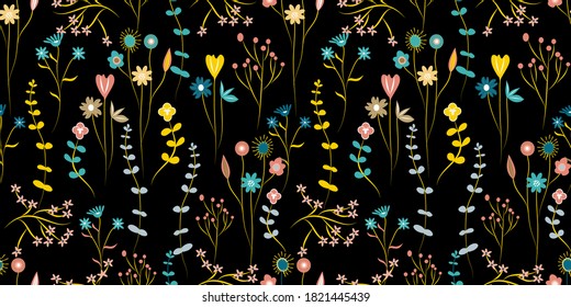 Blooming meadow seamless pattern. Trendy color for fashion. wallpapers, and print. A lot of flowers.  Ditsy style. Pressed flowers. Trendy floral design