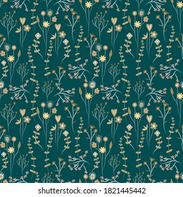 Blooming meadow seamless pattern. Trendy color for fashion. wallpapers, and print. A lot of flowers.  Ditsy style. Pressed flowers. Trendy floral design