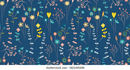 El prado floreciente es un patrón impecable. Color de moda. papeles pintados e impresos. Muchas flores.  Estilo marrón. Flores presionadas. Diseño floral de moda