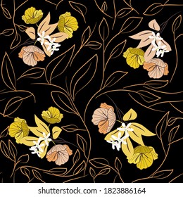 El prado floreciente es un patrón impecable. Color de moda. papeles pintados e impresos. Muchas flores.  Estilo marrón. Flores presionadas. Diseño floral de moda