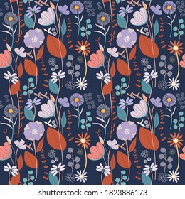 Blooming meadow seamless pattern. Trendy color for fashion. wallpapers, and print. A lot of flowers.  Ditsy style. Pressed flowers. Trendy floral design