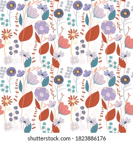Blooming meadow seamless pattern. Trendy color for fashion. wallpapers, and print. A lot of flowers.  Ditsy style. Pressed flowers. Trendy floral design